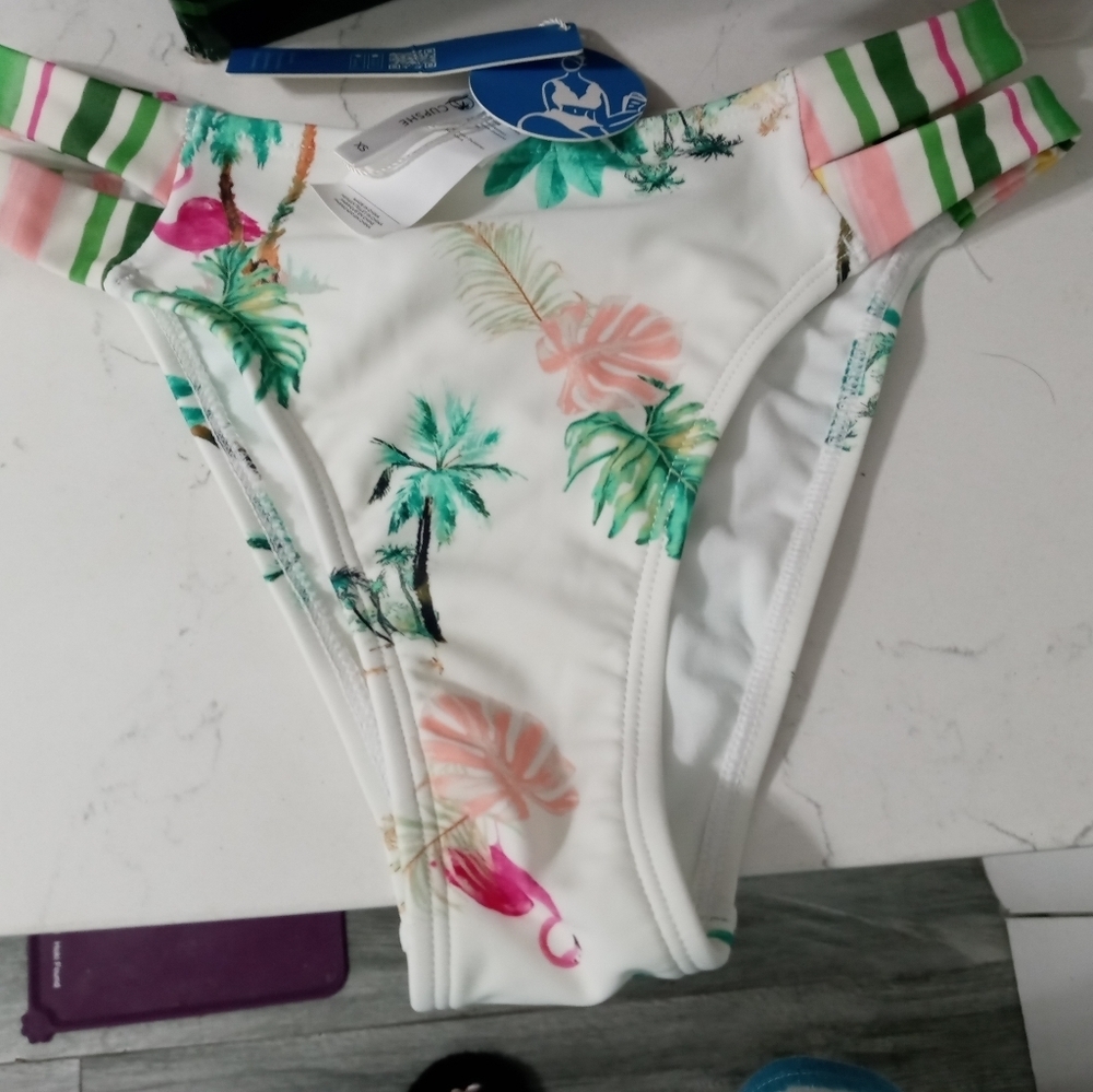 Cupshie hipster White Tropical Flamingo Bikini Bottoms #1525 XS NEW